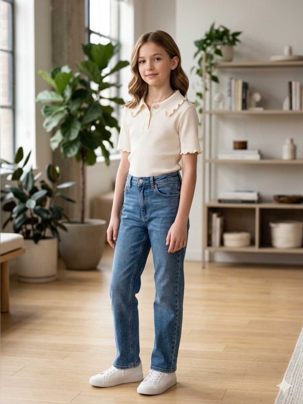 11-12Y. Zara Cream Ribbed Polo Tee with Scalloped Collar